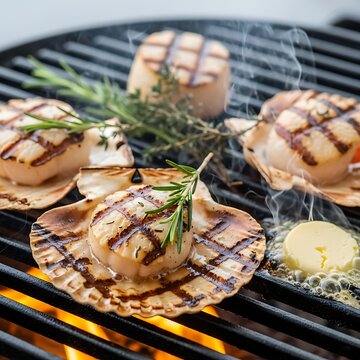 Succulent scallops, seasoned with rosemary, grilled to perfection with melting butter