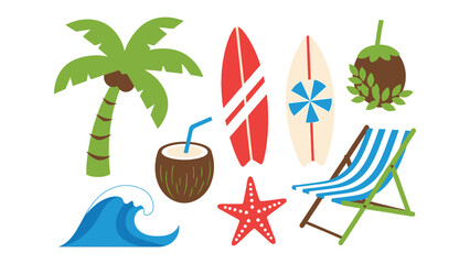 Obraz premium Tropical Beach Elements: A collection of vibrant illustrations depicting quintessential beach vacation elements, including a palm tree, surfboards, a coconut drink, a beach chair, a crashing wave.