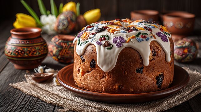 A traditional Easter bread with white icing and colorful sprinkles on a wooden table with ceramic pots and decorated eggs.