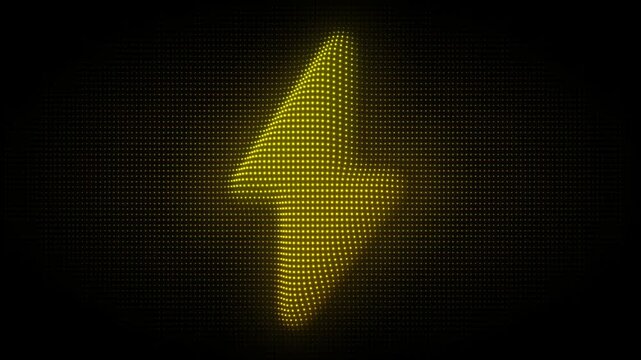 Golden 3D Lightning Bolt Symbol Particle Animation on Dark Background, Glowing Dot Grid Rotating Animation Motion Graphics Seamless Loop, 4K