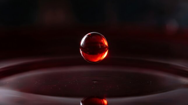 Macro shot of a single glowing red liquid drop falling into a pool