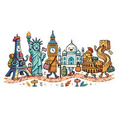 Obraz premium Cute World Landmarks Travel Cartoon Vector Famous Monuments Around the World Fun Adventure Illustration.