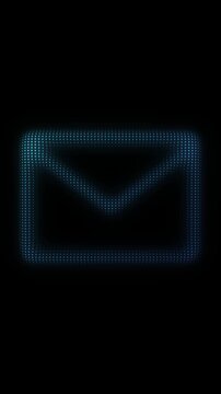 Blue Envelope Symbol Particle Animation on Dark Background, Glowing Dot Grid Vertical Scanning Animation Motion Graphics Seamless Loop, 4K