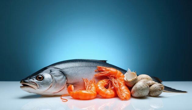 Fresh fish and shrimp arrayed on white table. Several clams sit near seafood, ready for cooking. Group includes raw ingredients for healthy meal preparation.
