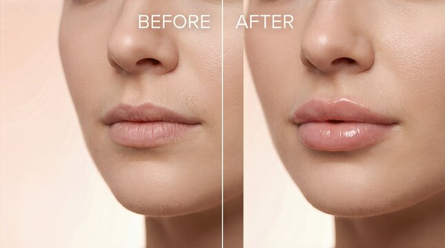 Female model showcasing lip augmentation results with a clear comparison of before and after images, highlighting enhanced lip volume and smooth texture