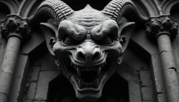 Sculpted stone gargoyle face with horns and menacing expression. Terrifying monster head carved on ancient gothic building facade. Dark masonry detail.