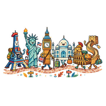 Cute World Landmarks Travel Cartoon Vector Famous Monuments Around the World Fun Adventure Illustration.