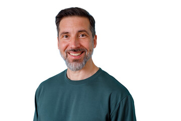 Obraz premium Smiling man wearing green t-shirt, looking at camera with friendly expression, confident middle-aged person