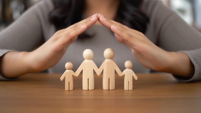 Woman Forming a Protective Roof with Her Hands Over a Wooden Family Cutout on a Desk