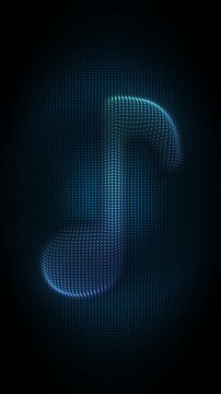 Blue Music Note Symbol Particle Animation on Dark Background, Glowing Dot Grid Pulsing Animation Motion Graphics Seamless Loop, 4K