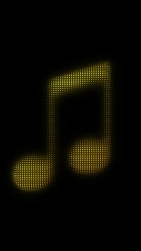 Golden Double Music Note Symbol Particle Animation on Dark Background, Glowing Dot Grid Vertical Scanning Animation Motion Graphics Seamless Loop, 4K