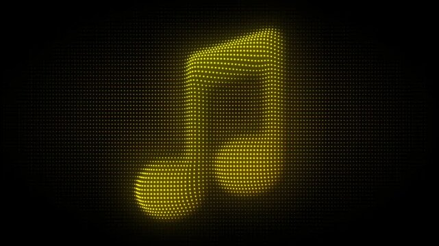 Golden 3D Double Music Note Symbol Particle Animation on Dark Background, Glowing Dot Grid Rotating Animation Motion Graphics Seamless Loop, 4K