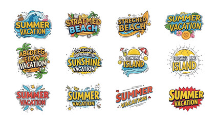 Summer Vacation Graphic Collection: A vibrant compilation of colorful, stylized text graphics and illustrations celebrating summer, beach, and vacation themes. © Ayesa