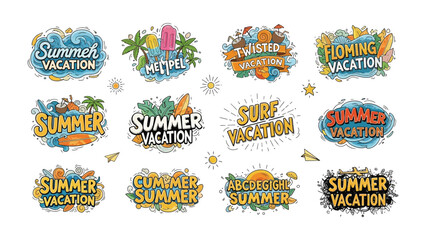 Summer Vacation Word Art Collection: A vibrant collection of hand-drawn word art illustrations celebrating summer vacation, featuring playful typography, tropical motifs, and cheerful colors. © Ayesa
