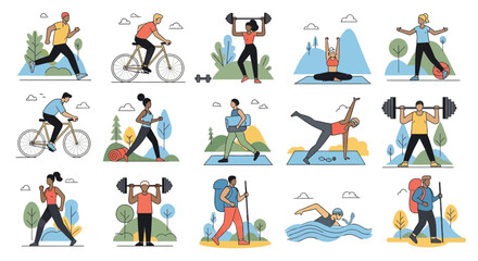 Fototapeta premium People engaging in various fitness activities.