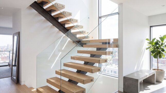 Modern floating wooden staircase in bright minimalist interior with natural light and open space design