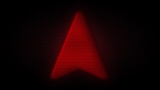 Red 3D Arrow Pointer Symbol Particle Animation on Dark Background, Glowing Dot Grid Rotating Animation Motion Graphics Seamless Loop, 4K