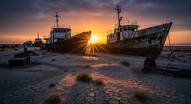 Sunburst between rusting ships on cracked desert seabed at sunset