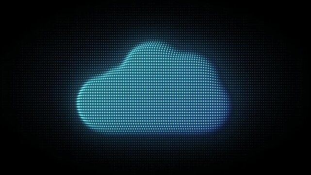 Blue 3D Cloud Symbol Particle Animation on Dark Background, Glowing Dot Grid Rotating Animation Motion Graphics Seamless Loop, 4K
