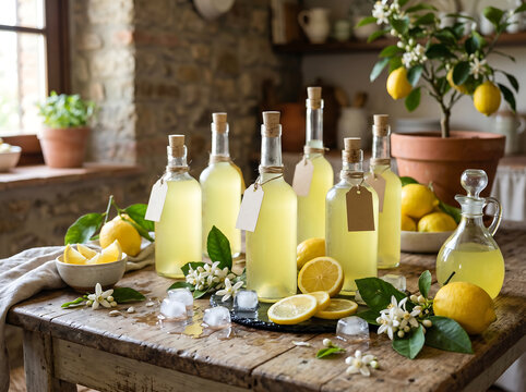 Homemade limoncello bottles with fresh lemons, blossoms, and ice on a rustic wooden table in a warm kitchen setting, ready to be enjoyed.