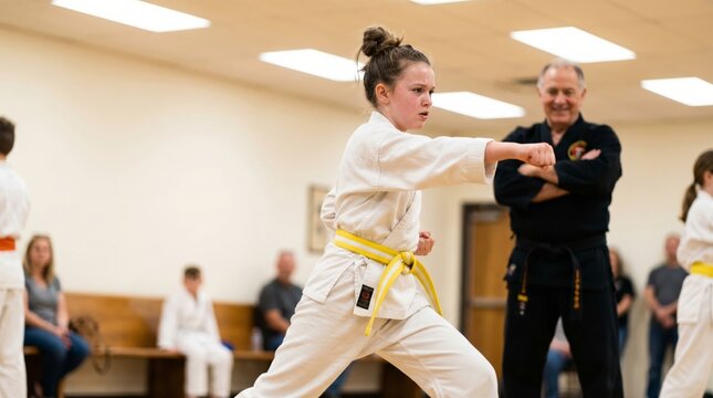 Young girl practicing karate punch during martial arts class with instructor