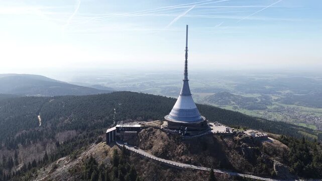 Jested Tower On Mountain Top Overlooking Liberec Cityscape With Futuristic Spire And Panoramic Views in Liberec, Czech Republic
