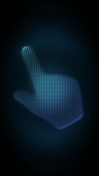 Blue Finger Tap Gesture Symbol Particle Animation on Dark Background, Glowing Dot Grid Pulsing Animation Motion Graphics Seamless Loop, 4K