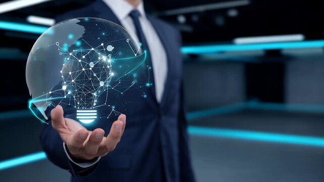 Businessman holding a glowing AI idea hologram in a dark futuristic environment, innovation, artificial intelligence, digital transformation and business technology concept. artifi