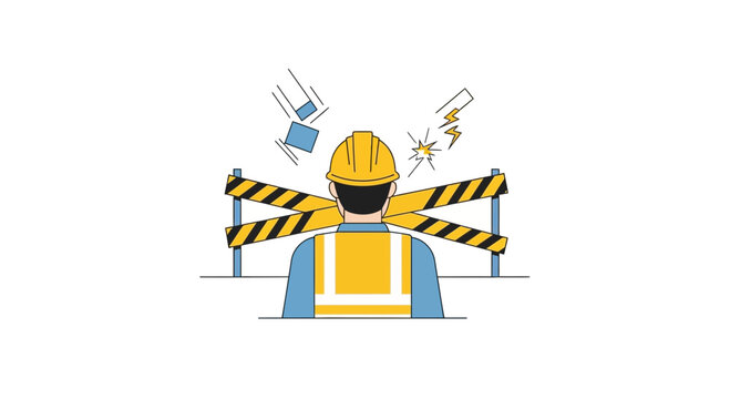 Construction worker with safety barrier and falling objects, warning sign