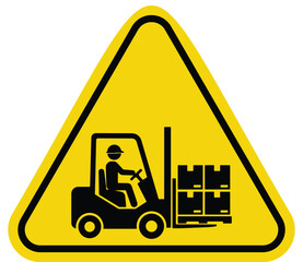 Forklift truck warning sign pictogram of a person operating a forklift with boxes safety symbol for industrial areas and warehouses isolated on yellow triangle © Ghaffar.Arts
