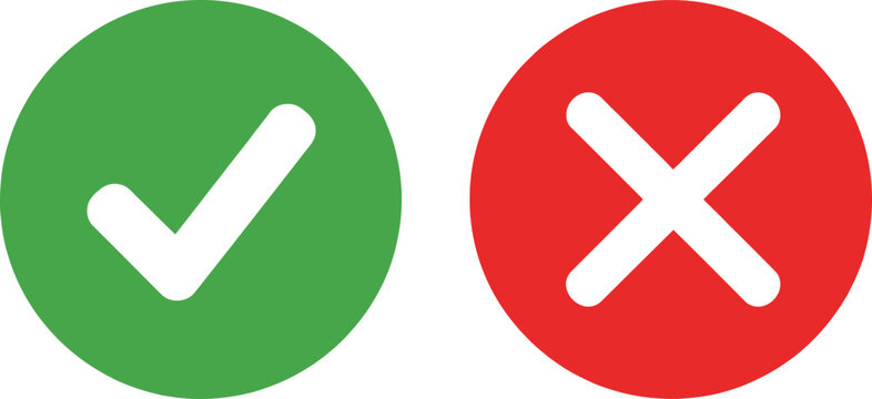 Green check mark and red cross icon set for accept and reject or true and false choice symbols Vector