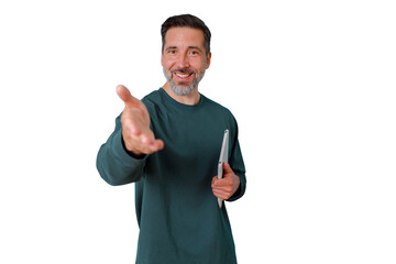 Fototapeta premium Man offering handshake, welcoming, greeting, and collaborating, holding tablet, on transparent background