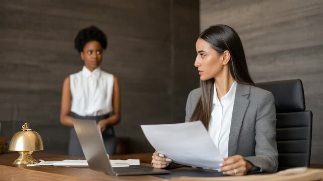 Lawyer reviewing documents while a client stands at desk in a modern office, legal consultation, business meeting, professional advice and client service concept. lawyer, legal