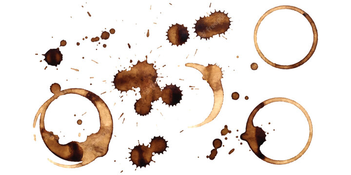 Set of brown coffee cup ring stains and messy liquid splashes on a flat surface