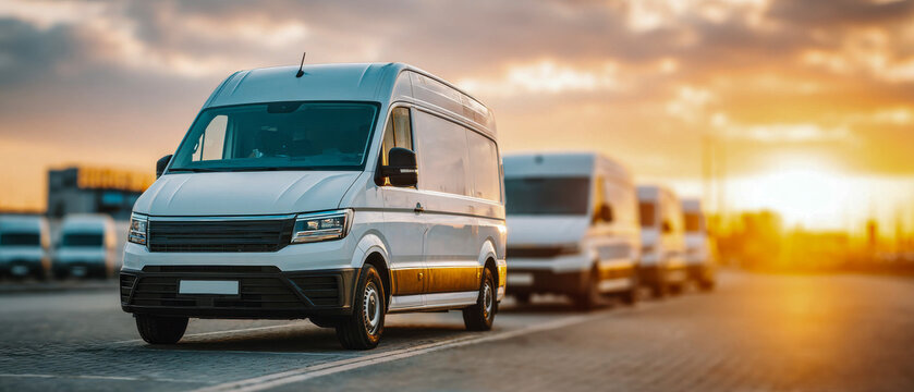 Delivery vans line up near a loading zone during sunset at a busy logistics center in the evening