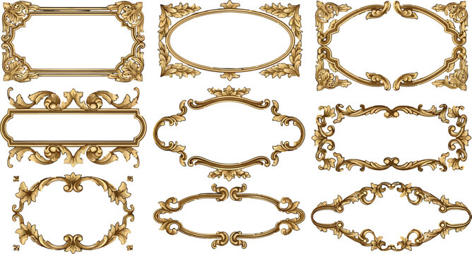 Set of ornate golden vintage frames and decorative borders for wedding invitations and luxury graphic design projects