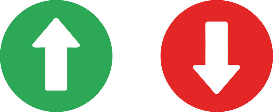 Green up arrow and red down arrow circle icons for navigation and data comparison Vector