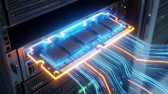 Computer memory module glowing with digital data streams in server rack. High-speed information transfer in modern data center. Lockdown wide shot.