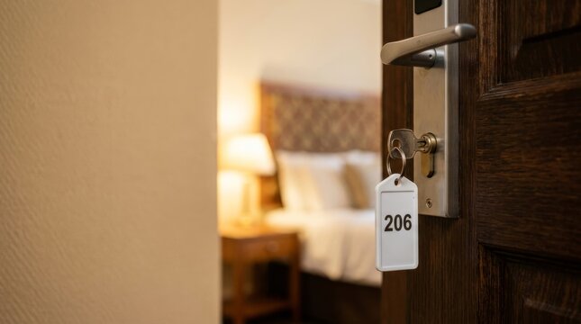Key with room number 206 tag in a blurred hotel room interior
