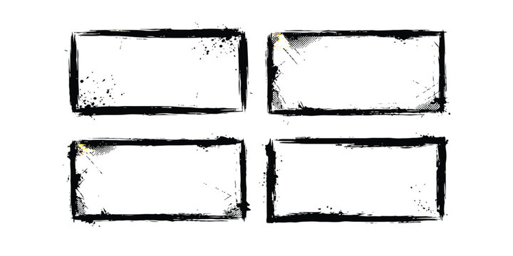 Set of four black rectangular grunge frames with distressed ink textures and rough edges