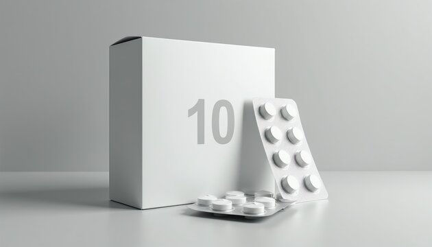 White box with number 10 printed on it sits next to blister packs of pills. Medication packaging for healthcare treatment. Medical supplies in studio. Pharmaceutical product.