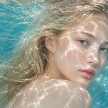 Unterwasser-Beauty-Portr&auml;t mit Lichtreflexen
Hochwertiges Unterwasserportr&auml;t einer blonden Frau mit schimmernden Lichtreflexen, flie&szlig;endem Haar und ruhigem Blick im klaren Wasser.
