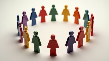 Fototapeta premium Colorful wooden figures arranged in a circle representing diversity and unity, with various shapes and colors visible on a neutral background