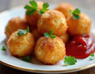 Fototapeta premium Golden fried mozzarella balls with crispy coating served on white plate with ketchup dip and parsley garnish. Cheese appetizer ready to eat.