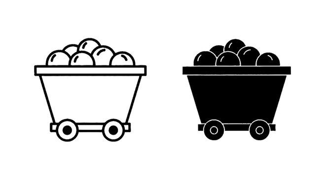 Minimal black silhouette icon, simple flat vector, bold black shape, no, no shading mining cart with coal or ore vector icon set on a, flat icon style