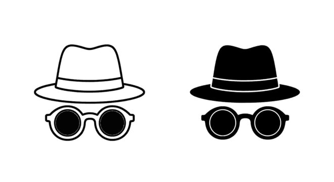 Minimal black silhouette icon, simple flat vector, bold black shape, no, no shading incognito mode icon set, detective hat and glasses silhouette on a, flat icon style