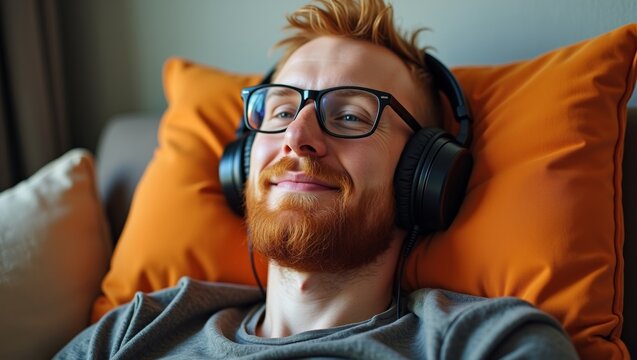 Male with ginger beard wearing glasses and headphones relaxes on a couch with orange cushions, enjoying music in a cozy indoor setting