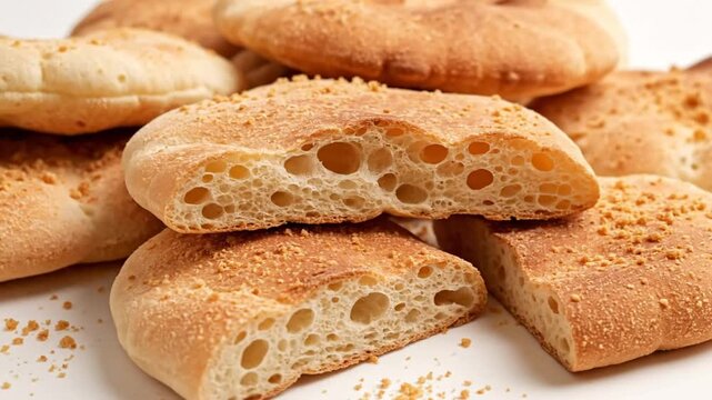 Delicious golden baked flatbread, some sliced to show the airy texture, close up on white background