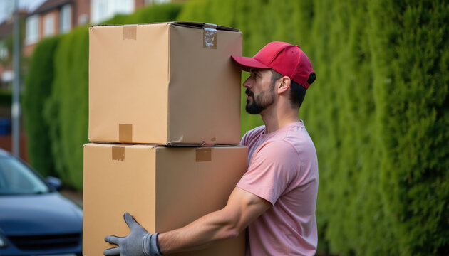 Man with red cap carries stack of boxes, delivering parcels to house. He wears gloves, works hard on suburban street. Load of goods ready for move.