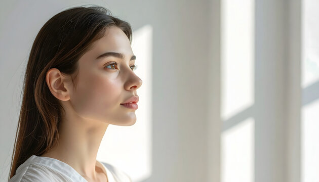 Retrato de perfil de mujer joven mirando al frente sobre fondo luminoso